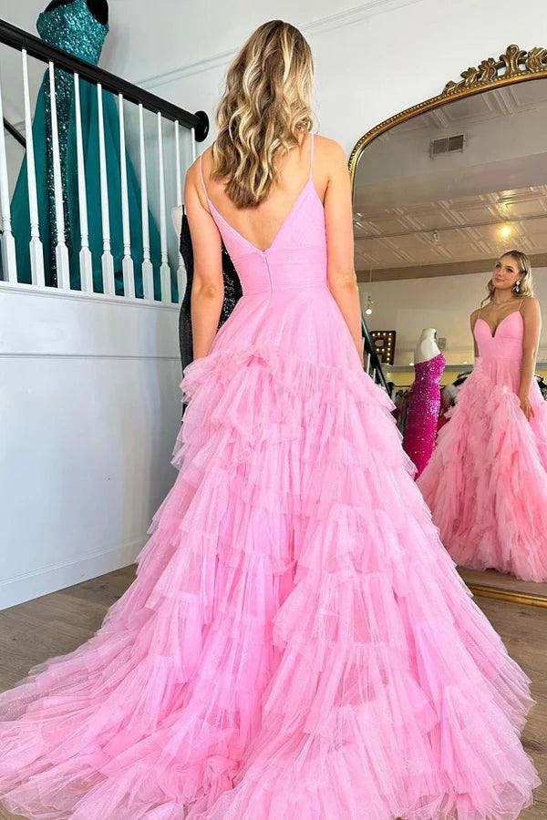Pink V-Neck Empire Waist Tiered Long Prom Dress with Ruffles PSK409 - Pgmdress