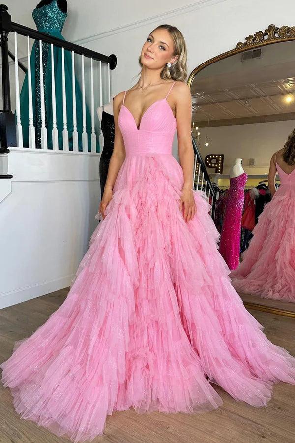Pink V-Neck Empire Waist Tiered Long Prom Dress with Ruffles PSK409 - Pgmdress