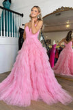 Pink V-Neck Empire Waist Tiered Long Prom Dress with Ruffles  PSK409