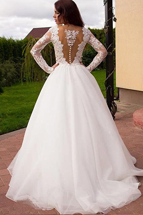 Princess A-Line V-Neck Tulle Ivory Long Sleeves Wedding Dresses WD181 - Pgmdress