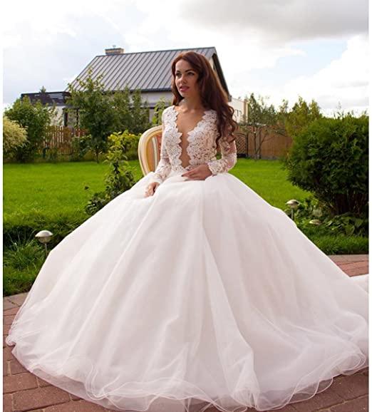 Princess A-Line V-Neck Tulle Ivory Long Sleeves Wedding Dresses WD181 - Pgmdress
