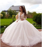 Princess A-Line V-Neck Tulle Ivory Long Sleeves Wedding Dresses WD181 - Pgmdress