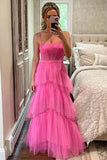 Princesse A-ligne Robe de soirée longue en tulle à volants rose vif PSK312