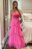 Princess A-line Hot Pink Tiered Tulle Long Prom Dress Evening Dress PSK312