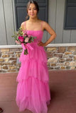 Princess A-line Hot Pink Tiered Tulle Long Prom Dress Evening Dress PSK312 - Pgmdress