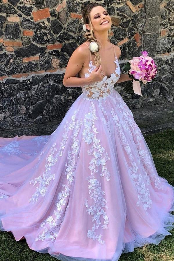 Pink Floral Straps A Line Princess Prom Dress Pink Floral Straps A Line Princess Prom Dress