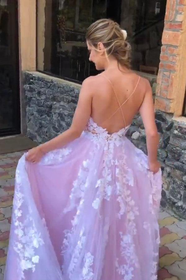 Princess A-line Spaghetti Strap Lavender Prom Dress with Applique PSK246 - Pgmdress