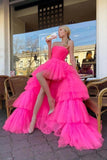Prinzessin A-Linie High Low Trägerloses langes Abendkleid aus rosa Tüll PSK343