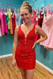 Red Appliques Plunge V Neckline Lace Up Homecoming Dress PD465