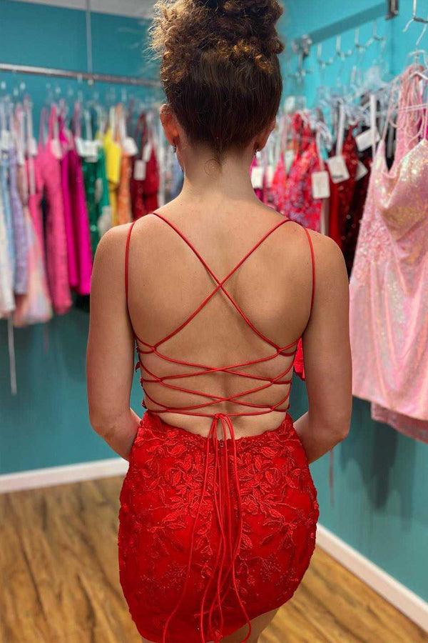 Red Appliques Plunge V Neckline Lace Up Homecoming Dress PD465 - Pgmdress