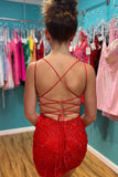 Red Appliques Plunge V Neckline Lace Up Homecoming Dress PD465 - Pgmdress