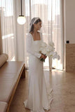 Retro Satin Long Sleeves Sweep Train Sheath Wedding Dress Bridal Gown WD625 - Pgmdress