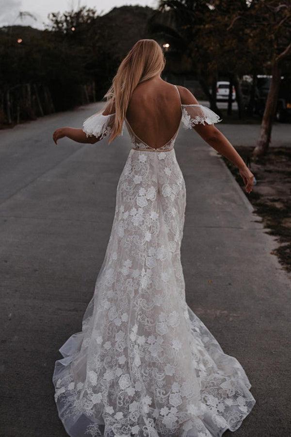 Romantic Spaghetti Straps Floral Lace Beach Wedding Dresses WD591 - Pgmdress