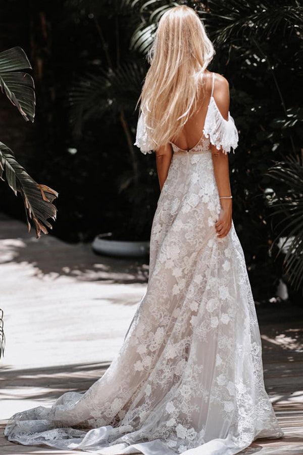 Romantic Spaghetti Straps Floral Lace Beach Wedding Dresses WD591 - Pgmdress
