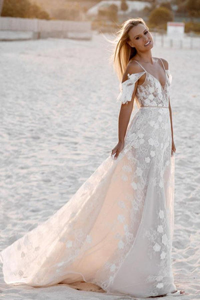 Romantic Spaghetti Straps Floral Lace Beach Wedding Dresses WD591 US12 / Custom Color