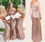 Rose Gold Sparkly Bridesmaid Dresses Sequins Lace One Shoulder BD096 - Pgmdress