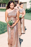 Rose Gold Sparkly Bridesmaid Dresses Sequins Lace One Shoulder BD096 - Pgmdress