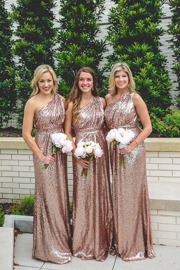 Rose Gold Sparkly Bridesmaid Dresses Sequins Lace One Shoulder BD096 - Pgmdress