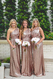 Rose Gold Sparkly Bridesmaid Dresses Sequins Lace One Shoulder BD096 - Pgmdress