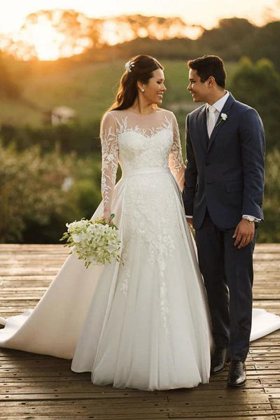 Rustic Lace Long Sleeves Tulle Wedding Dress With Detachable Satin US0 / As Picture