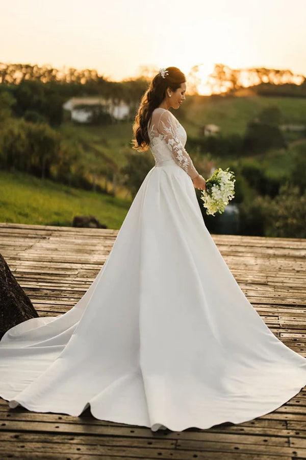 Rustic Lace Long Sleeves Tulle Wedding Dress With Detachable Satin WD624 - Pgmdress