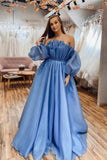 Scoop Neck Blue Off The Shoulder Long Sleeves Blue Prom Dress PSK336