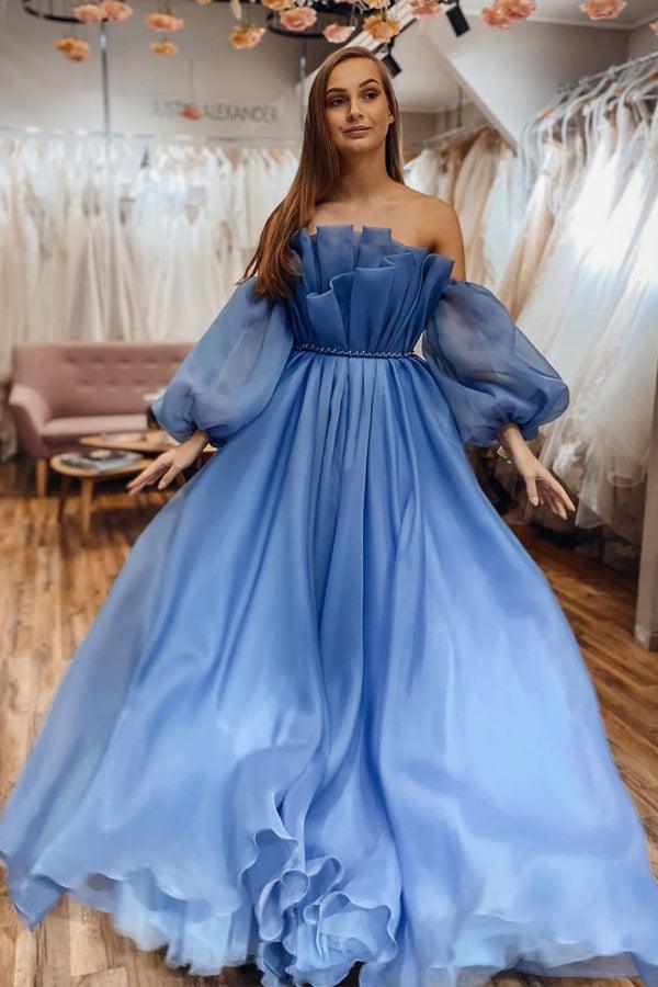 Scoop Neck Blue Off The Shoulder Long Sleeves Blue Prom Dress PSK336 - Pgmdress