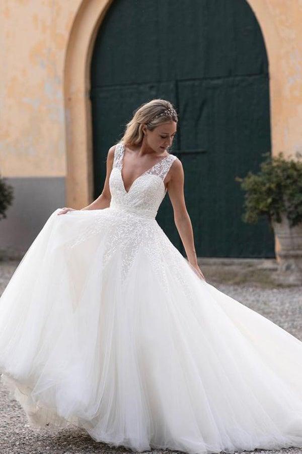 Sequins Lace V-neck Neckline Chapel Train A-line Wedding Dresses WD563 - Pgmdress