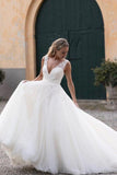 Sequins Lace V-neck Neckline Chapel Train A-line Wedding Dresses WD563