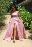 Satin Off-the-shoulder Neckline A-line Prom Dresses Evening Dresses PSK244 - Pgmdress