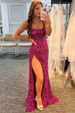 Sheath Fuchsia Sequins Long Prom Dress Split Formal Dress PSK325 - Pgmdress