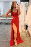 Sheath Fuchsia Sequins Long Prom Dress Split Formal Dress PSK325 - Pgmdress