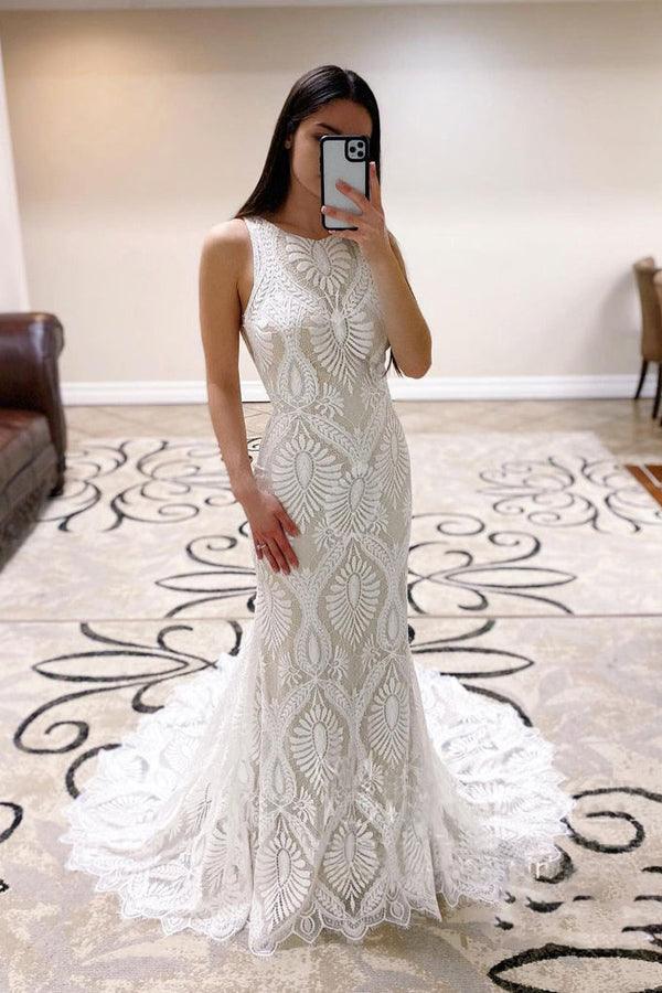 Sheath Lace Wedding Dress open Back Bridal Dress With Court Train WD590 - Pgmdress