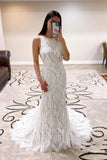 Sheath Lace Wedding Dress open Back Bridal Dress With Court Train WD590
