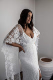 Sheath Scoop Backless Lace Wedding Dress with Split Wraps WD247 - Pgmdress