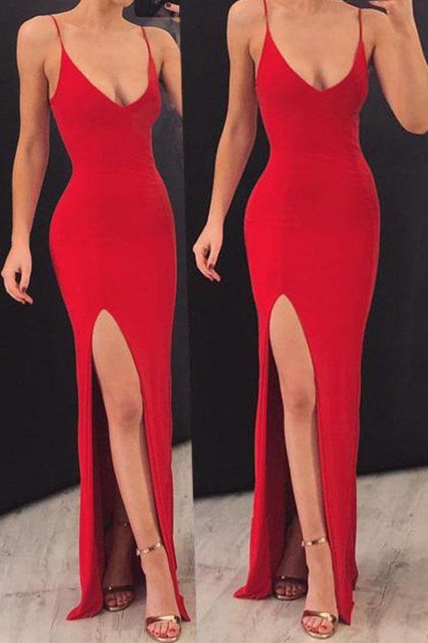 Sexy Red Black Sheath Spaghetti Straps Side Slit Floor-length Long