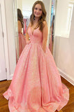Shimmering Sequin Lace Straps Neckline A-line Prom Dress With Pockets PSK351 - Pgmdress