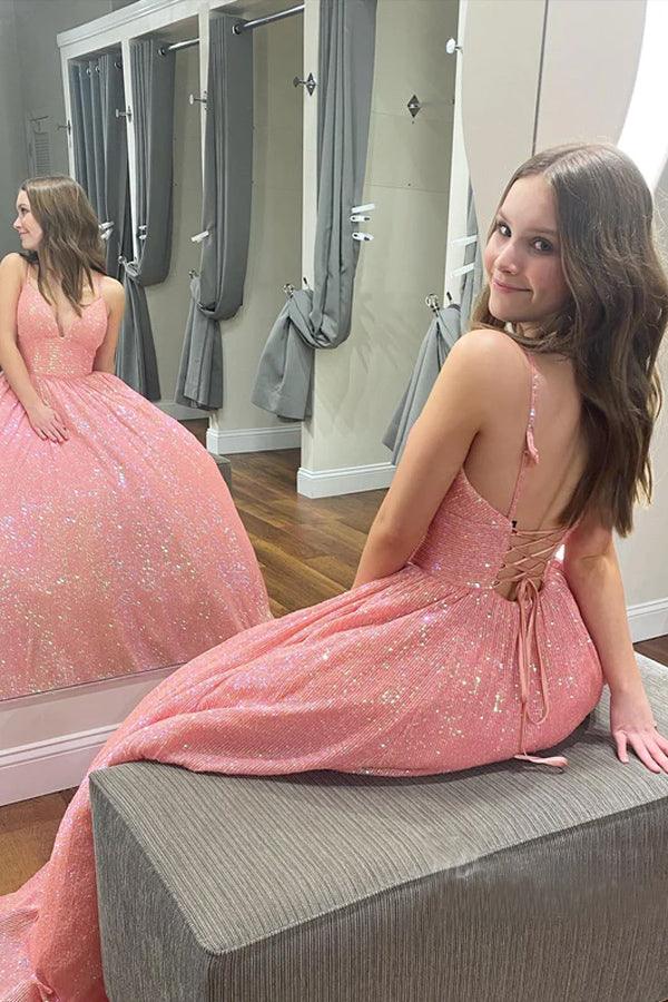 Shimmering Sequin Lace Straps Neckline A-line Prom Dress With Pockets PSK351 - Pgmdress