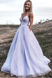 Shiny Lavender A Line V Neck Tulle Prom Formal Dress With Pocket PSK367 - Pgmdress