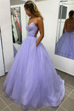 Shiny Lavender A Line V Neck Tulle Prom Formal Dress With Pocket PSK367 - Pgmdress