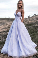 Shiny Lavender A Line V Neck Tulle Prom Formal Dress With