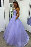 Shiny Lavender A Line V Neck Tulle Prom Formal Dress With Pocket PSK367 - Pgmdress