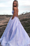 Shiny Lavender A Line V Neck Tulle Prom Formal Dress With Pocket PSK367 - Pgmdress