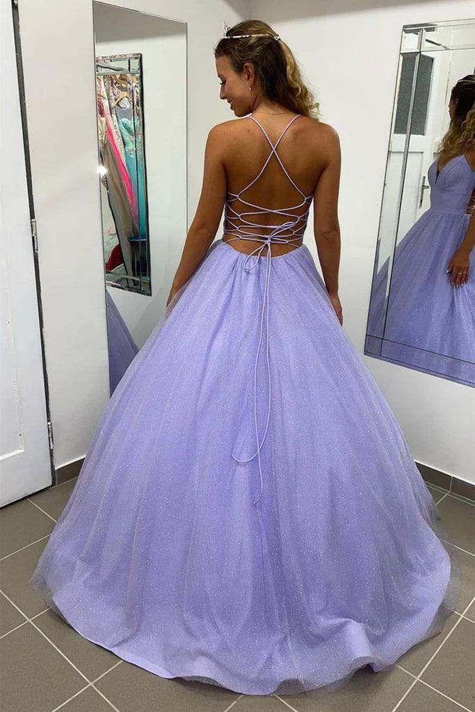 Shiny Lavender A Line V Neck Tulle Prom Formal Dress With Pocket PSK367 - Pgmdress