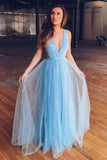 Shiny Light Blue V Neck Long Tulle Prom Dress For Teens PSK358 - Pgmdress