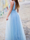Shiny Light Blue V Neck Long Tulle Prom Dress For Teens PSK358 - Pgmdress