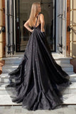 Shiny Tulle V Neck Open Back Black Long Prom Dresses with High Slit PSK348 - Pgmdress