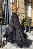 Shiny Tulle V Neck Open Back Black Long Prom Dresses with High Slit PSK348 - Pgmdress