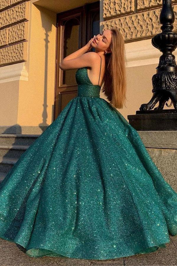 Shiny V Neck Green Prom Dresses Ball Gown Formal Dresses PSK290 - Pgmdress