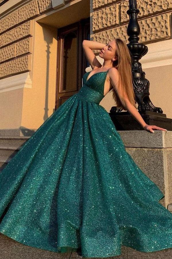 Shiny V Neck Green Prom Dresses Ball Gown Formal Dresses PSK290 - Pgmdress